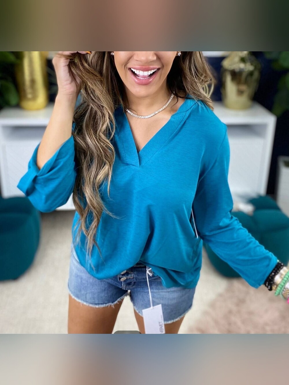 Dear Scarlett Teal V-Neck Lizzy Top Blouse Size Large